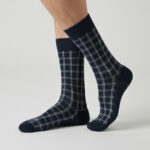 Long Cotton Crew Socks for Men – Navy Blue Check