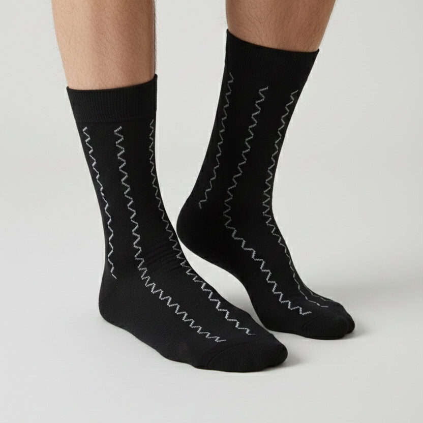 MS020.JPG Long Cotton Crew Socks for Men – Black Designer Pattern - Image 1