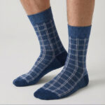 Long Cotton Crew Socks for Men – Denim Blue Check