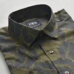 Export Half Sleeve AirLite Olive Printed Cotton Shirt - Image 2