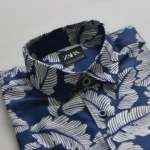 Export Half Sleeve Navy blue Leaf Print Cotton Shirt - Image 2