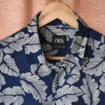 Export Half Sleeve Navy blue Leaf Print Cotton Shirt - Image 3