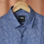 Export Half Sleeve AirLite Blue Leaf Cotton Shirt - Image 3