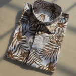 Men’s White & Brown Tropical Leaf Print Cotton Shirt – Half Sleeve Summer Casual - Image 3